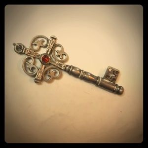 Vintage Silver Key Necklace Charm With Red Stone
